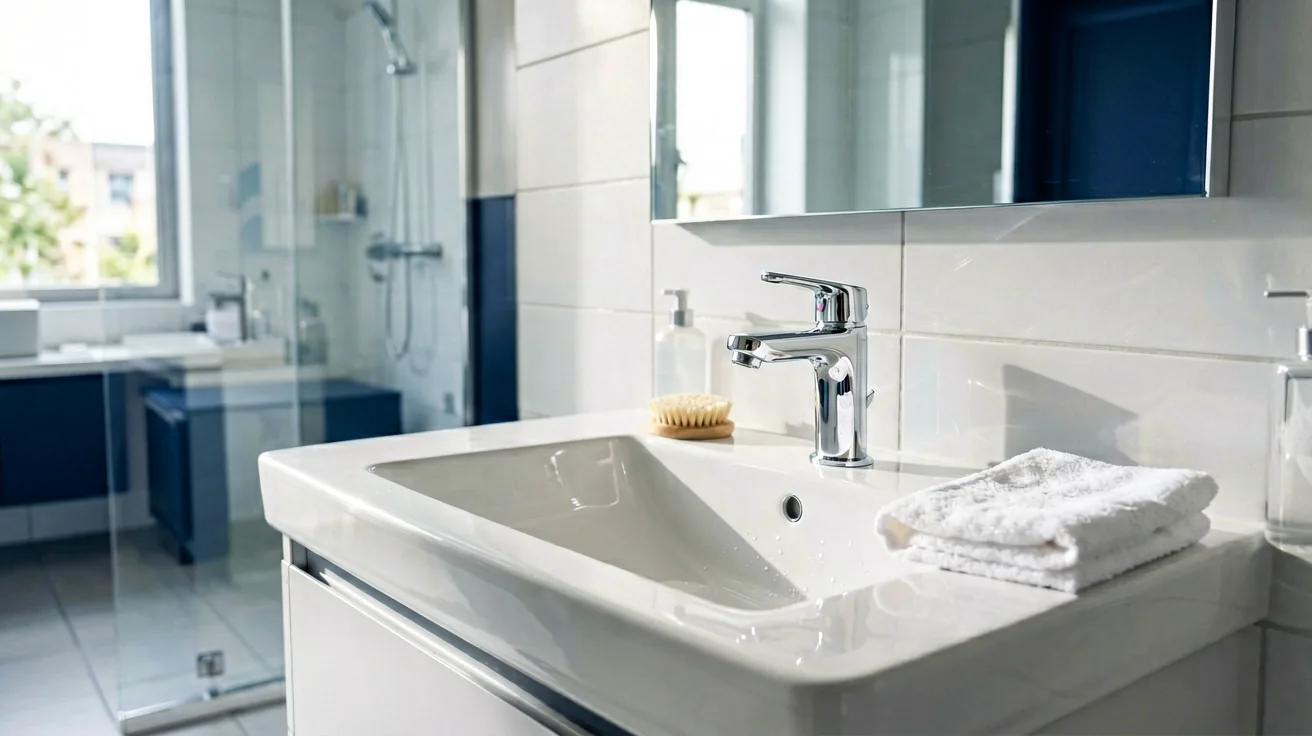 Ein makellos sauberes, modernes Badezimmer mit glänzenden Armaturen und weißer Keramik, hell erleuchtet.