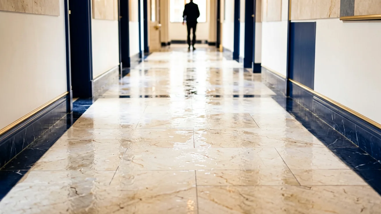 Glänzender frisch grundgereinigter Bodenbelag in einem hellen leeren Flur mit Tageslicht