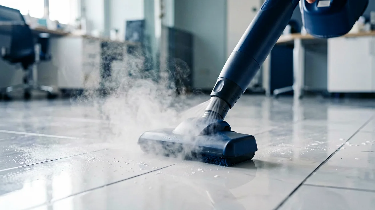 Dampfreinigung einer gefliesten Fläche mit sichtbarem Dampfstrahl