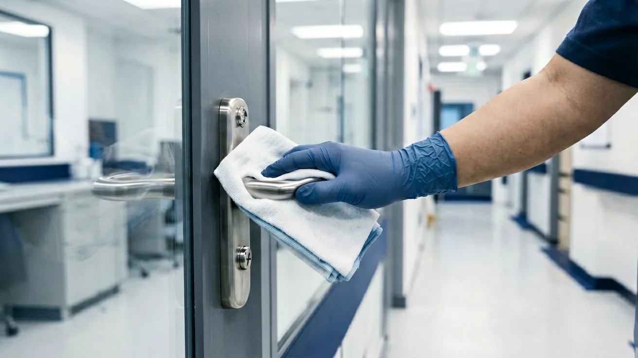Behandschuhte Hand wischt eine Türklinke in einem hellen Praxisflur ab