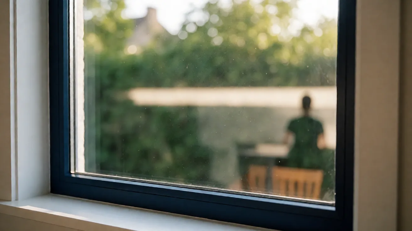 Großes Treppenhausfenster in einem Mehrfamilienhaus wird von einer Reinigungskraft geputzt