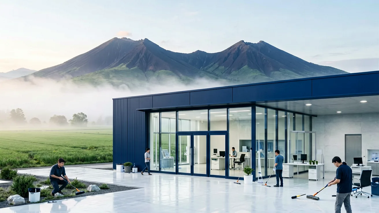 Moderne Gewerbehalle vor der Hügellandschaft des Hegau bei Morgenlicht