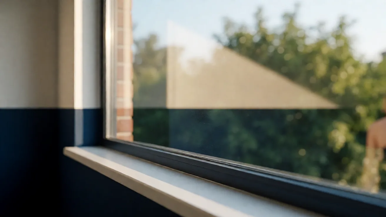 Reinigungskraft reinigt ein Glasdach über einer Terrasse mit einer Teleskopstange vom Boden aus