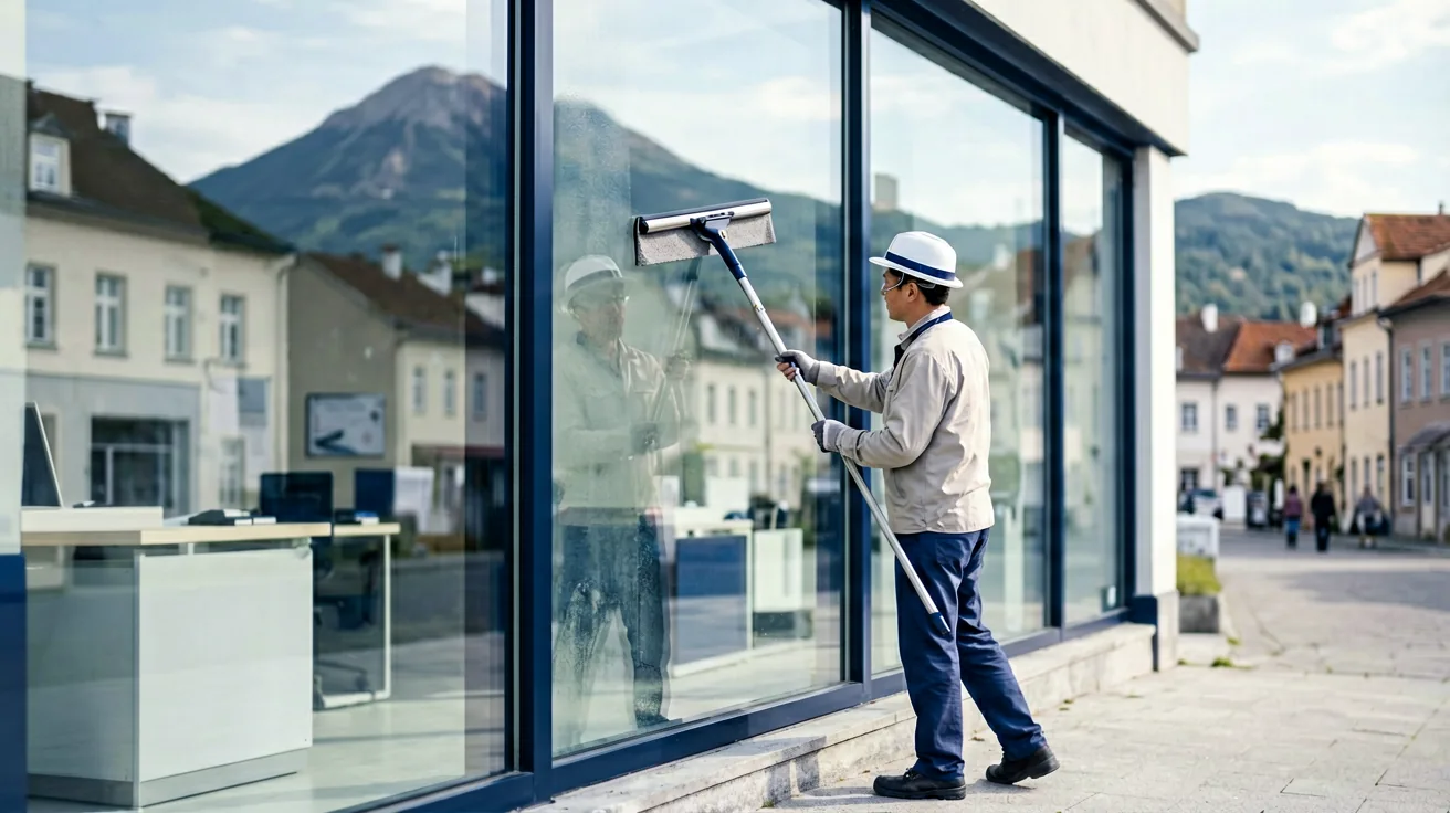Glasreiniger arbeitet mit Abzieher an einer großen Schaufensterscheibe in einer Innenstadt
