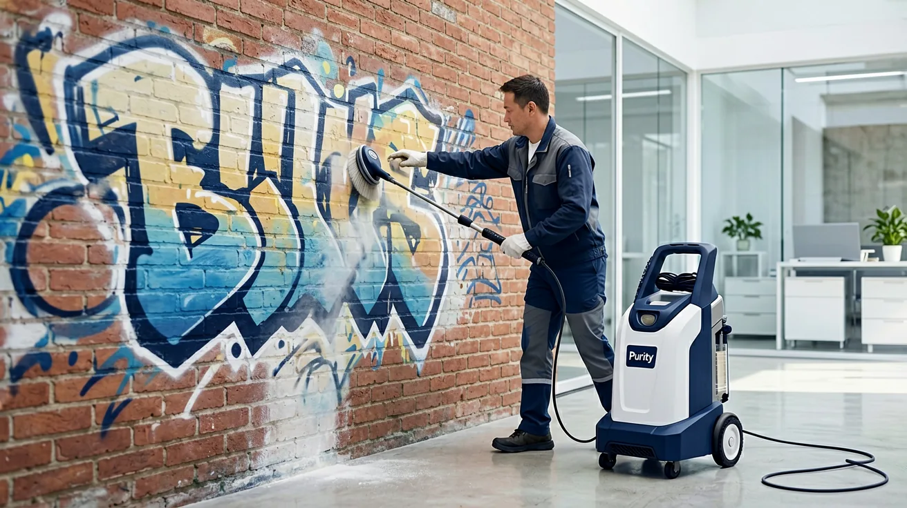 Professionelle Graffiti-Entfernung an einer Hauswand durch einen erfahrenen Reinigungstechniker der Purity Gebäudereinigung