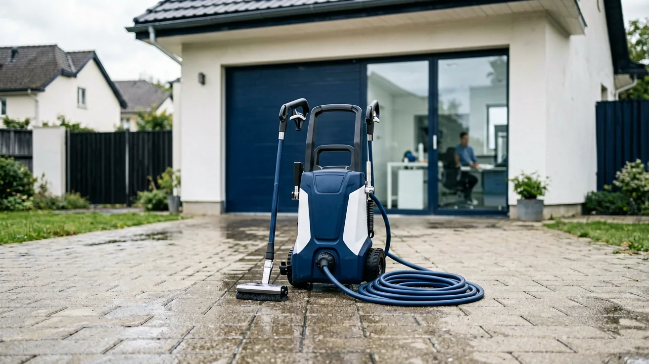 Hochdruckreiniger mit aufgerolltem Schlauch auf einer Einfahrt vor einer Garage