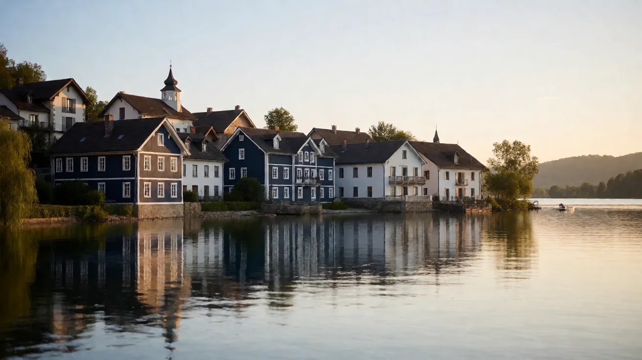 Leeres Kirchenschiff mit Holzbänken und Steinboden im Morgenlicht