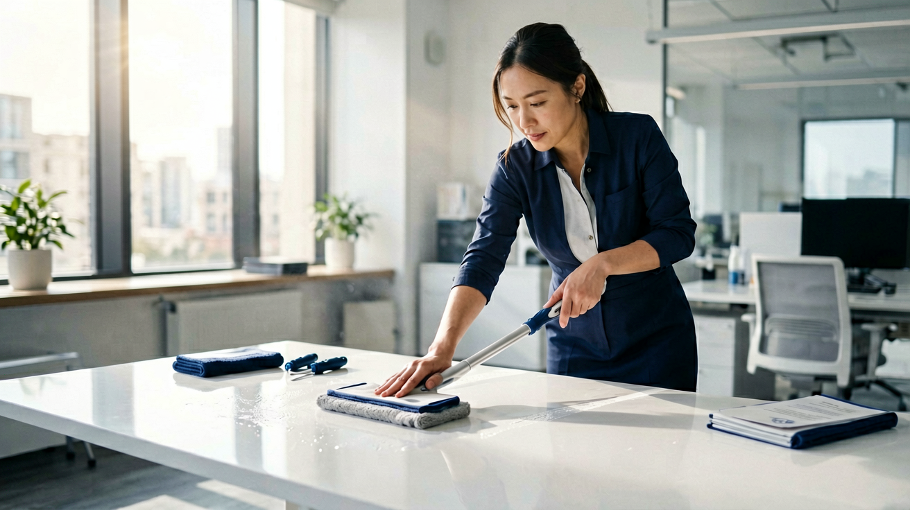Professionelle Reinigungskraft reinigt einen Schreibtisch in einem modernen Büro und verbessert so die Luftqualität.
