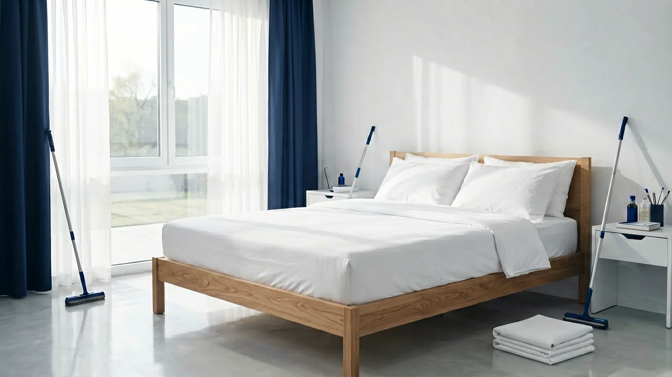 Frisch bezogenes Bett mit heller Matratze in einem lichtdurchfluteten Schlafzimmer