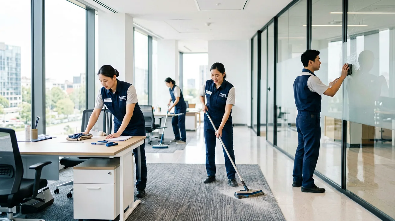 Professionelle Reinigungskraft reinigt ein modernes Bürogebäude