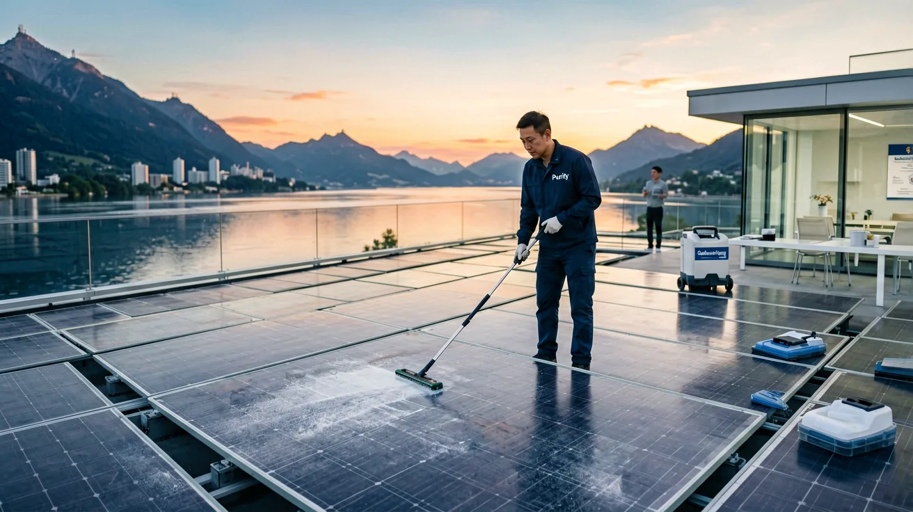 Professionelle Reinigung einer Photovoltaikanlage auf einem Dach mit Blick auf den Bodensee bei Sonnenuntergang.