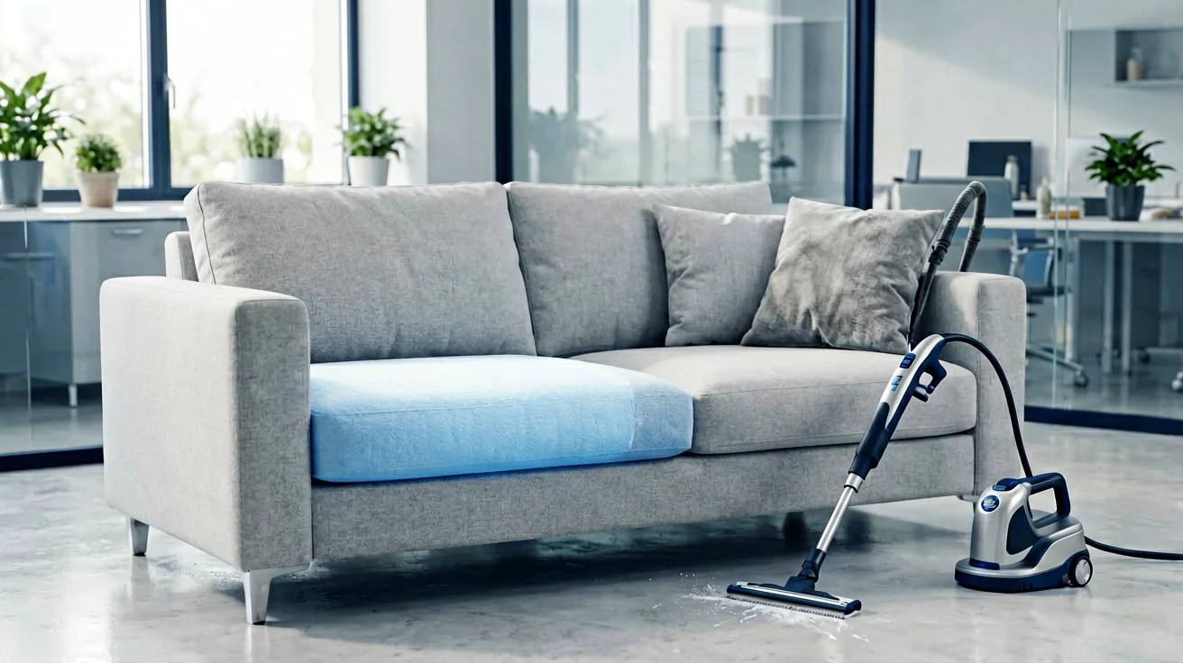 Helles Stoffsofa während der Reinigung, eine Sitzfläche sichtbar sauberer als die andere