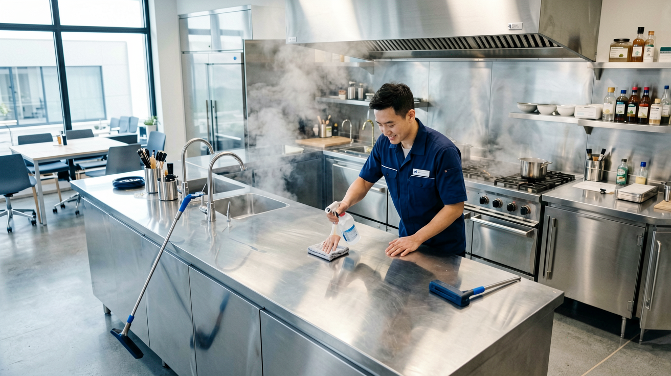 Professionelle Reinigungskraft putzt eine glänzende Edelstahloberfläche in einer Gastronomieküche