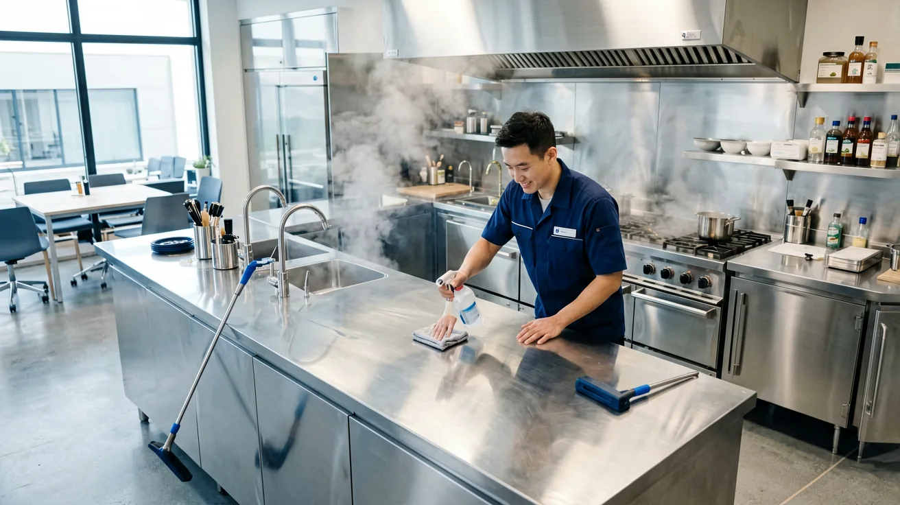 Professionelle Reinigungskraft putzt eine glänzende Edelstahloberfläche in einer Gastronomieküche