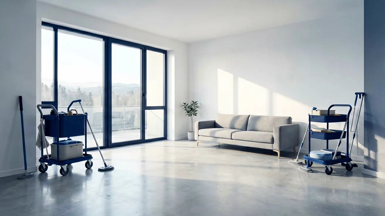 Professionell gereinigtes, leeres Wohnzimmer nach einem Umzug, strahlend sauber und bereit für die Übergabe.