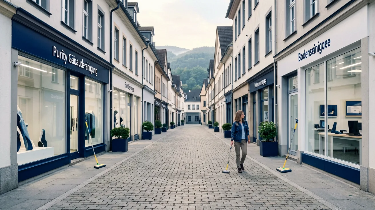 Historische Kleinstadtgasse mit gepflegten Ladenfassaden und sauberen Schaufenstern