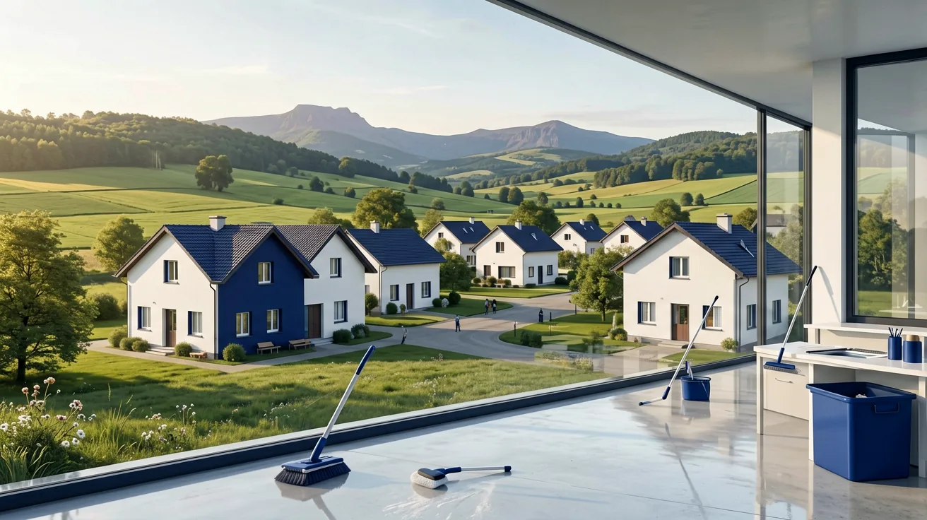 Ortsansicht einer Hegau-Gemeinde mit gepflegten Häusern und Feldern im Morgenlicht
