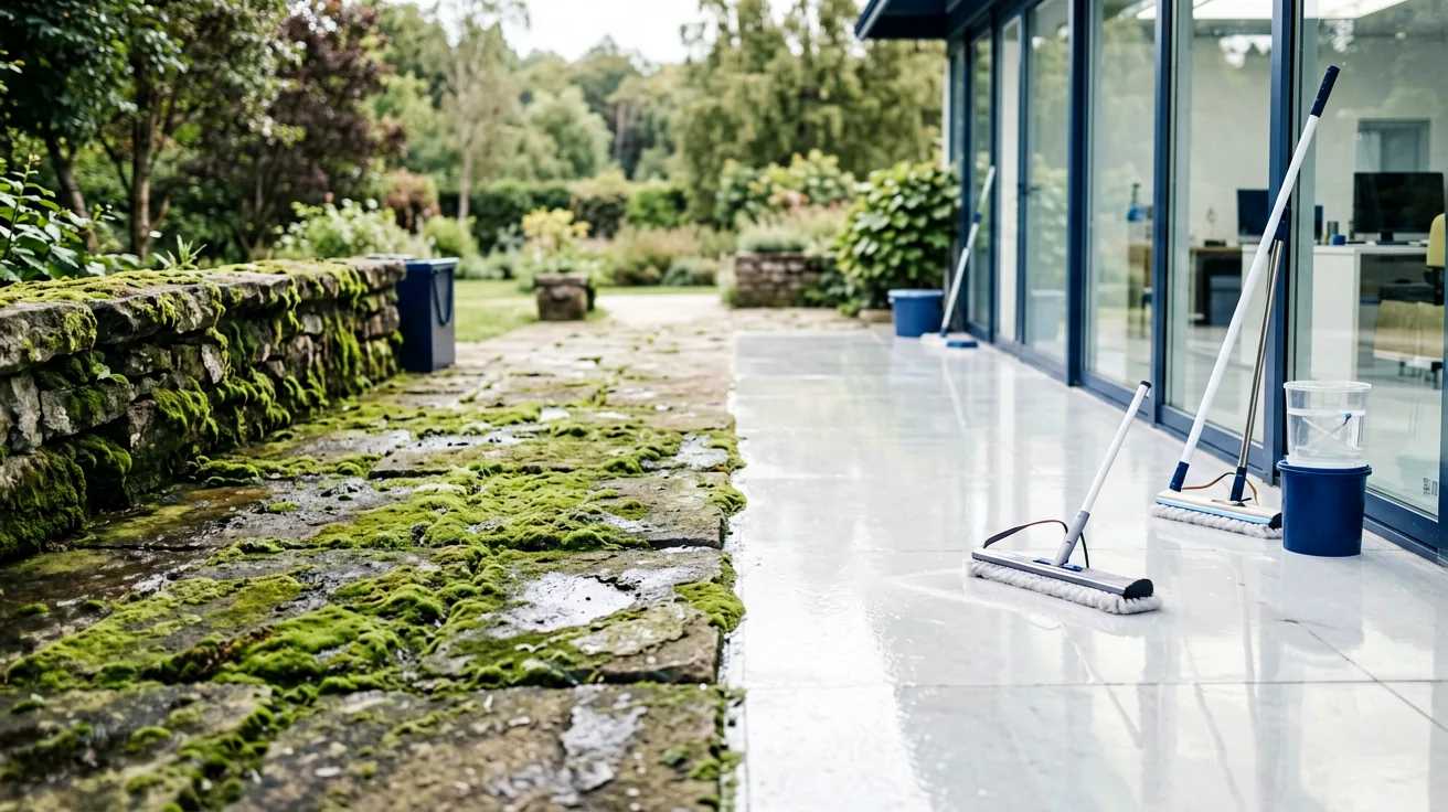 Terrassenfläche aus Naturstein, zur Hälfte gereinigt mit sichtbarem Unterschied