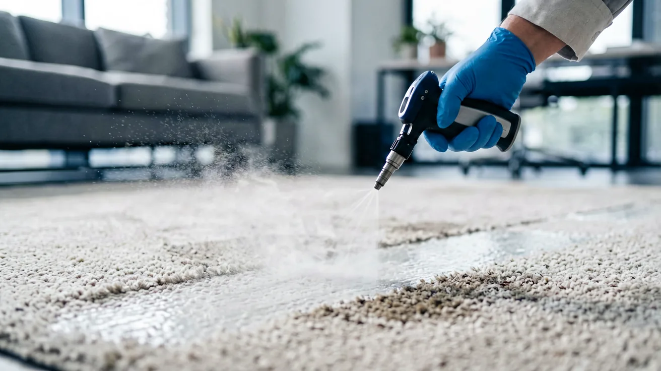 Nahaufnahme einer professionellen Teppichreinigung, bei der ein Reinigungsgerät Dampf und Wasser auf einen hellen Teppich sprüht.
