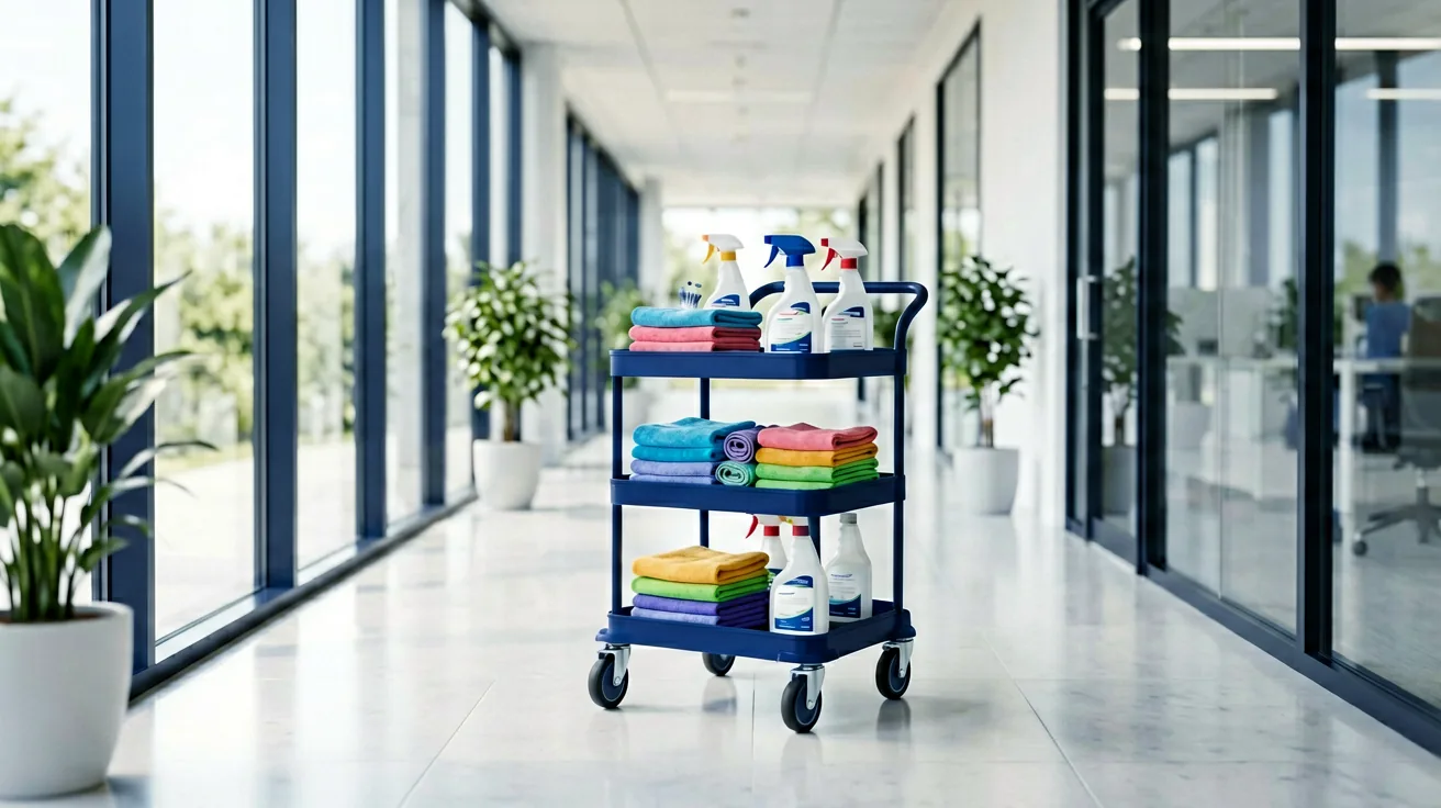 Reinigungswagen mit Mikrofasertüchern und Dosierflaschen in einem hellen Bürogebäude